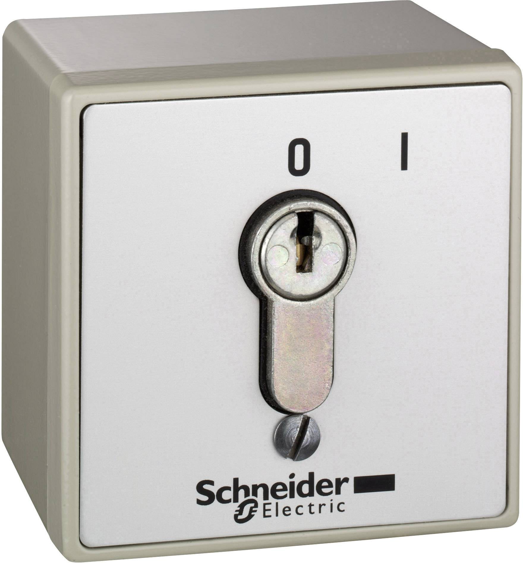 'Schneider Electric' Schlüsselschalter mit Positionen '0' und 'I'. Schlüsselloch in der Mitte für Steuerung von elektrischen Geräten.