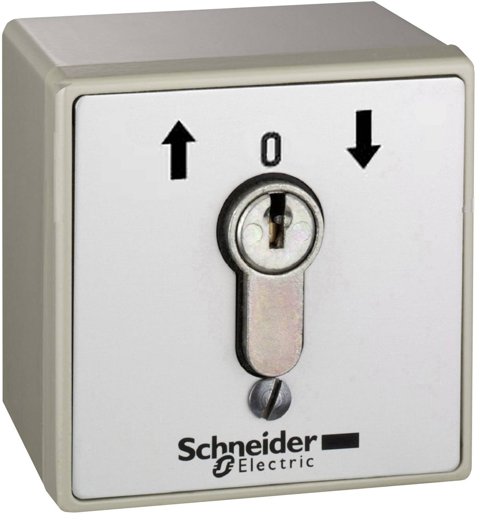 Schlüsselschalter der Marke Schneider Electric mit Pfeilen für Auf- und Abwärtsbewegungen, um Stromkreise ein- oder auszuschalten.