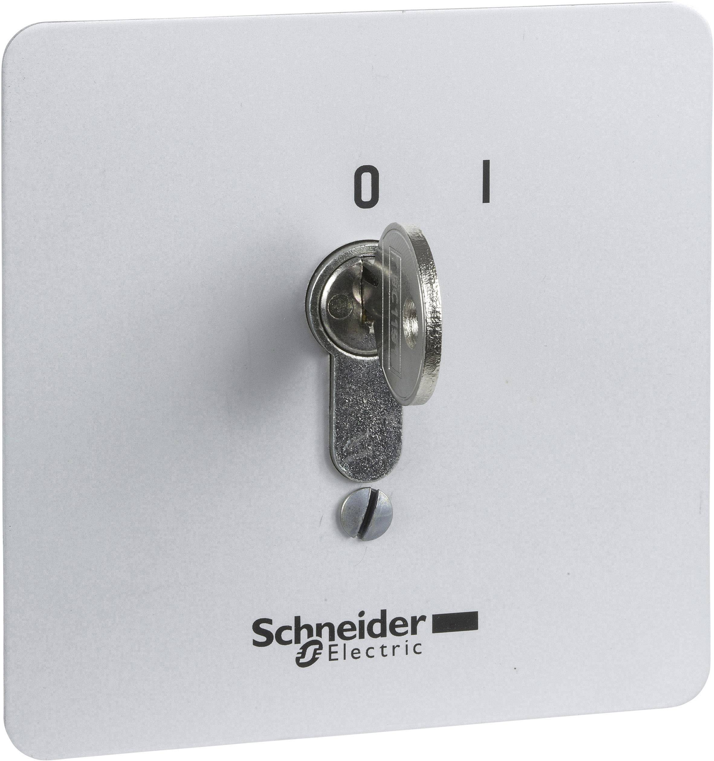 Ein Metallschalter mit einem Schlüssel in der Mitte. Beschriftet mit '0' oben links und 'I' oben rechts. Darunter: 'Schneider Electric'.