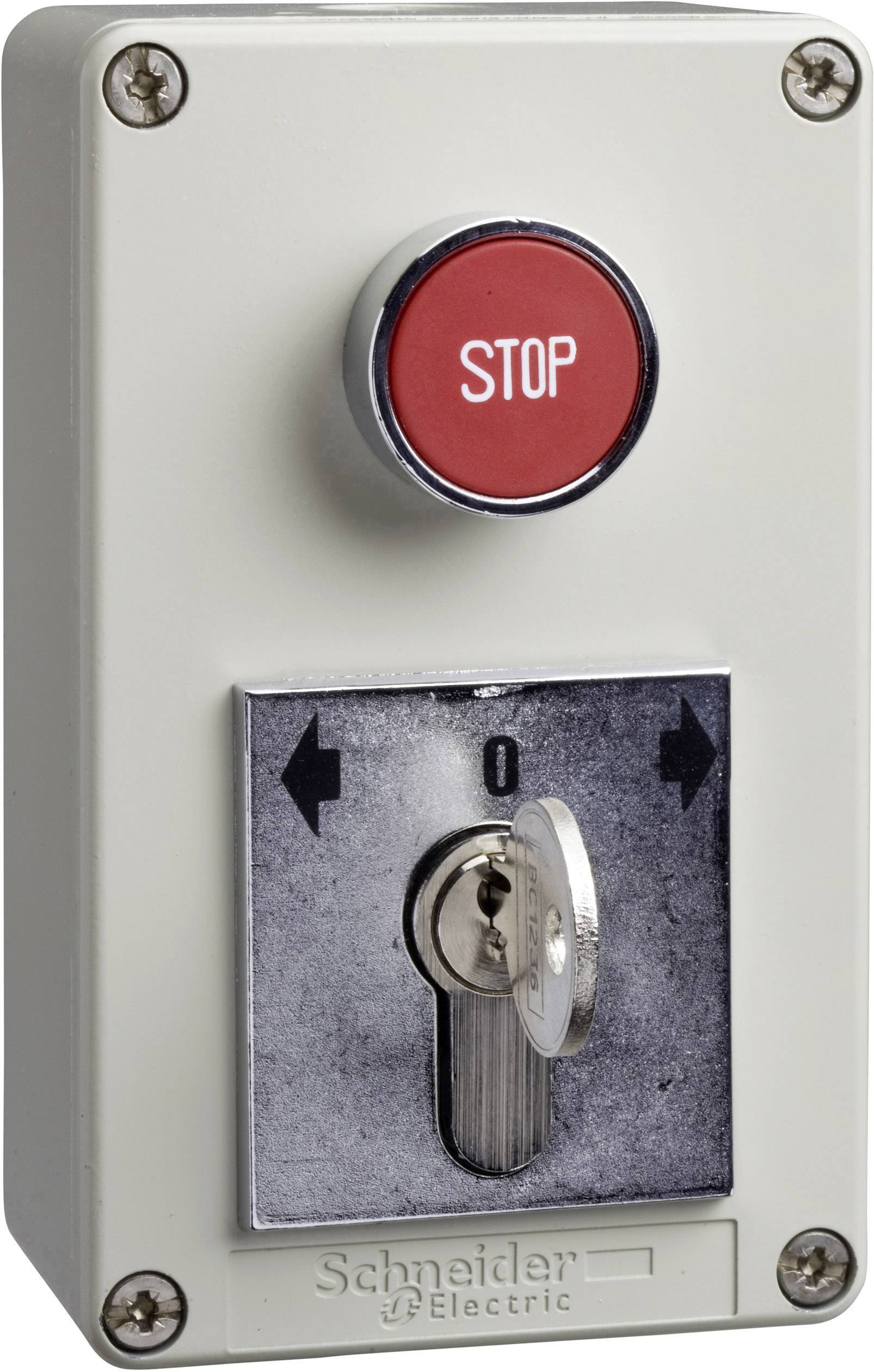 Ein rechteckiger Schaltschrank mit einem roten Notfall-Stopp-Taster oben und einem Schlüsselschalter unten, beide von Schneider Electric.