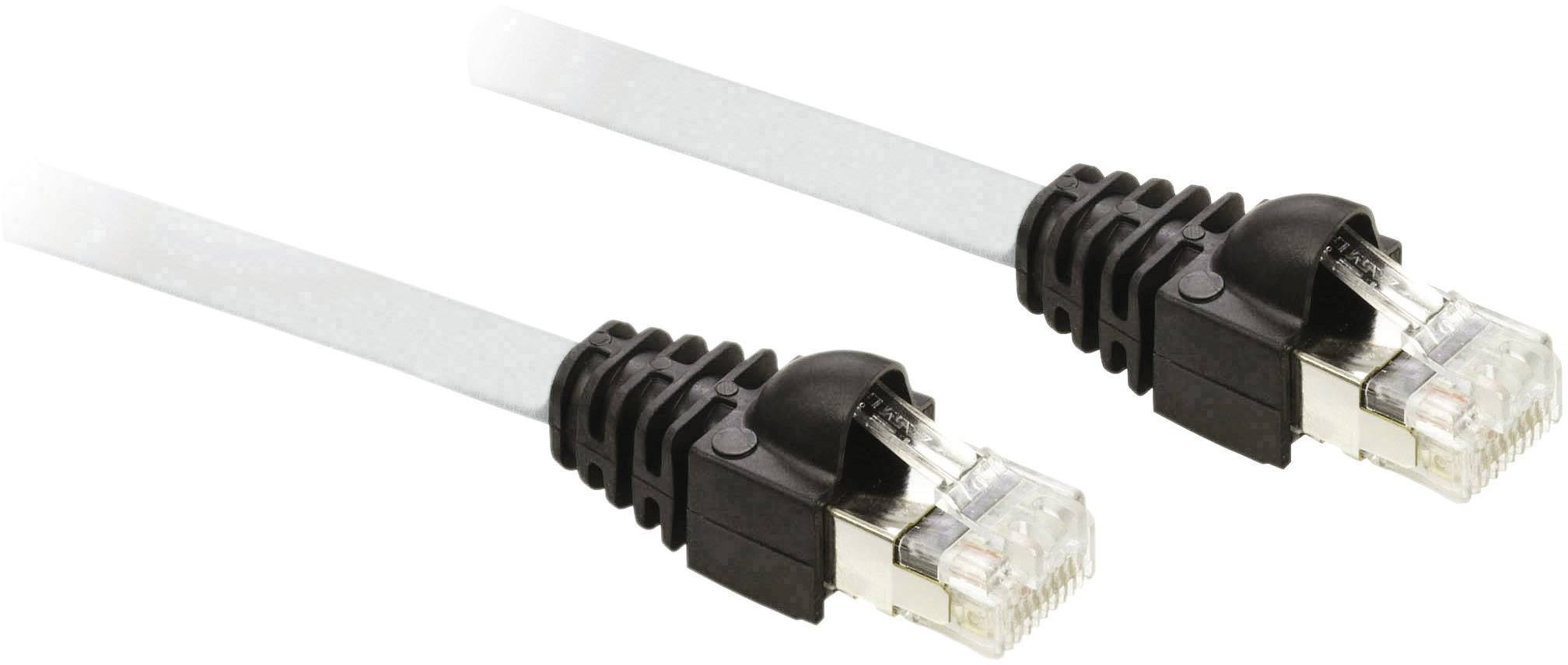 Zwei schwarze Ethernet-Kabelstecker verbinden ein weißes Flachkabel. Sie eignen sich für Netzwerkverbindungen und Datenübertragung.