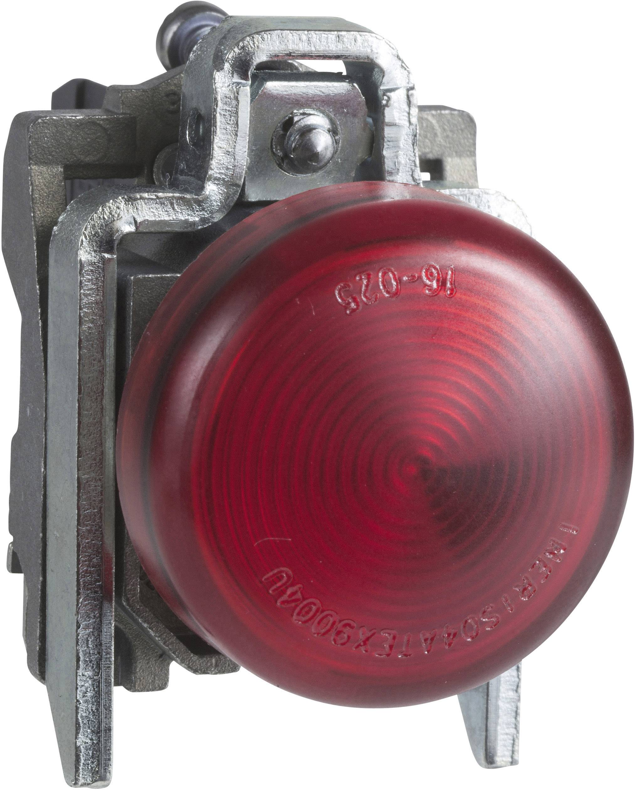 Roter Industrie-Druckknopf, eingekapselt in einem Metallgehäuse, mit einem großen runden Knopf zur Steuerung oder Signalisierung.