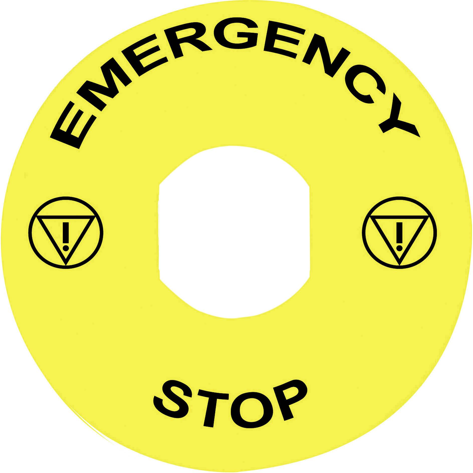 Gelbes Warnschild mit Text 'EMERGENCY STOP' oben und unten, und zwei Warnsymbolen mit Ausrufezeichen.