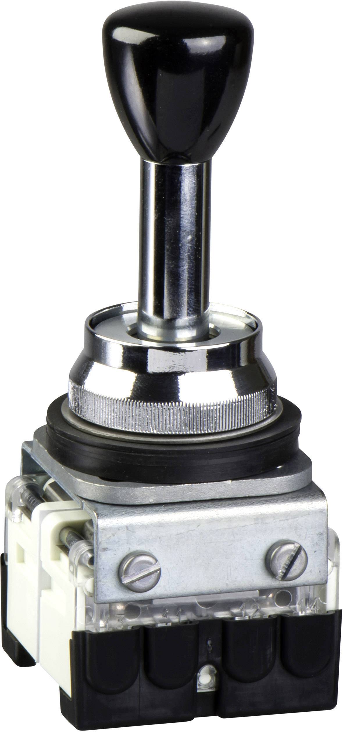 Ein metallischer Hebel-Schalter mit schwarzem Griff, montiert auf einem rechteckigen Gehäuse, häufig für industrielle Anwendungen verwendet.