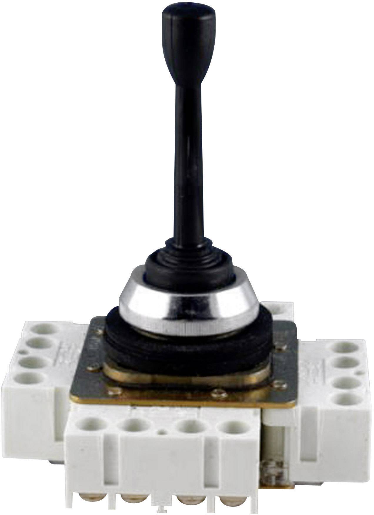 Ein schwarzer Joystick-Schalter auf einer weißen, rechteckigen Basisplatte mit mehreren Anschlussklemmen, isoliert vor weißem Hintergrund.
