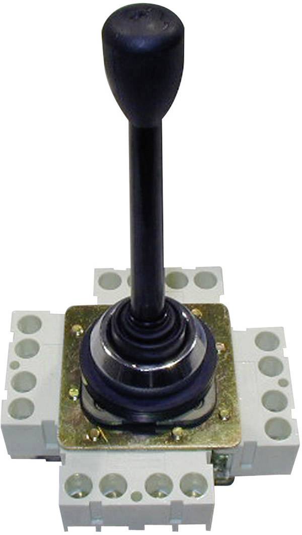Ein Joystick mit langem Griff und mehreren elektrischen Anschlüssen an einer quadratischen Basis, zur Steuerung von Maschinen.