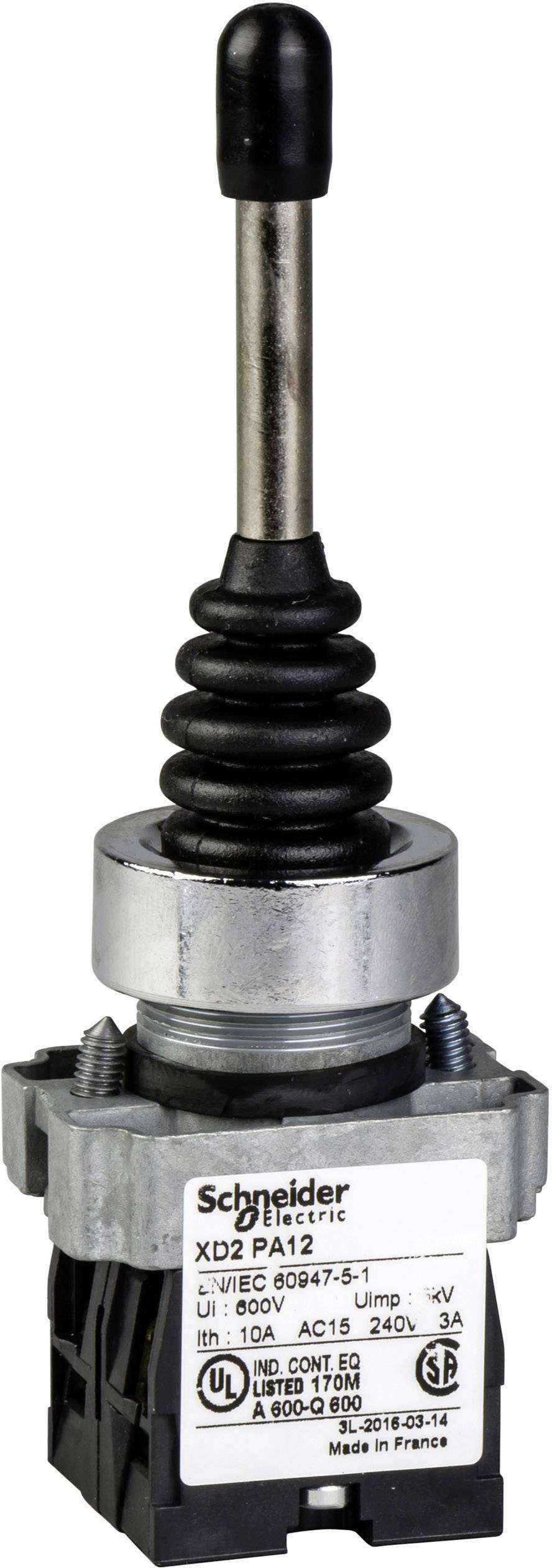 Ein schwarzer Hebel mit Federn und Beschriftung 'Schneider Electric'. Elektrisches Bauteil mit technischer Spezifikation auf Etikett.