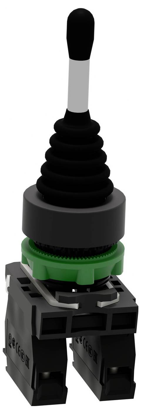 Industrie-Joystick-Steuerung mit schwarzem Griff, Balgenmantel im Ziehharmonika-Stil und dualer Schalterbasis auf weißem Hintergrund.