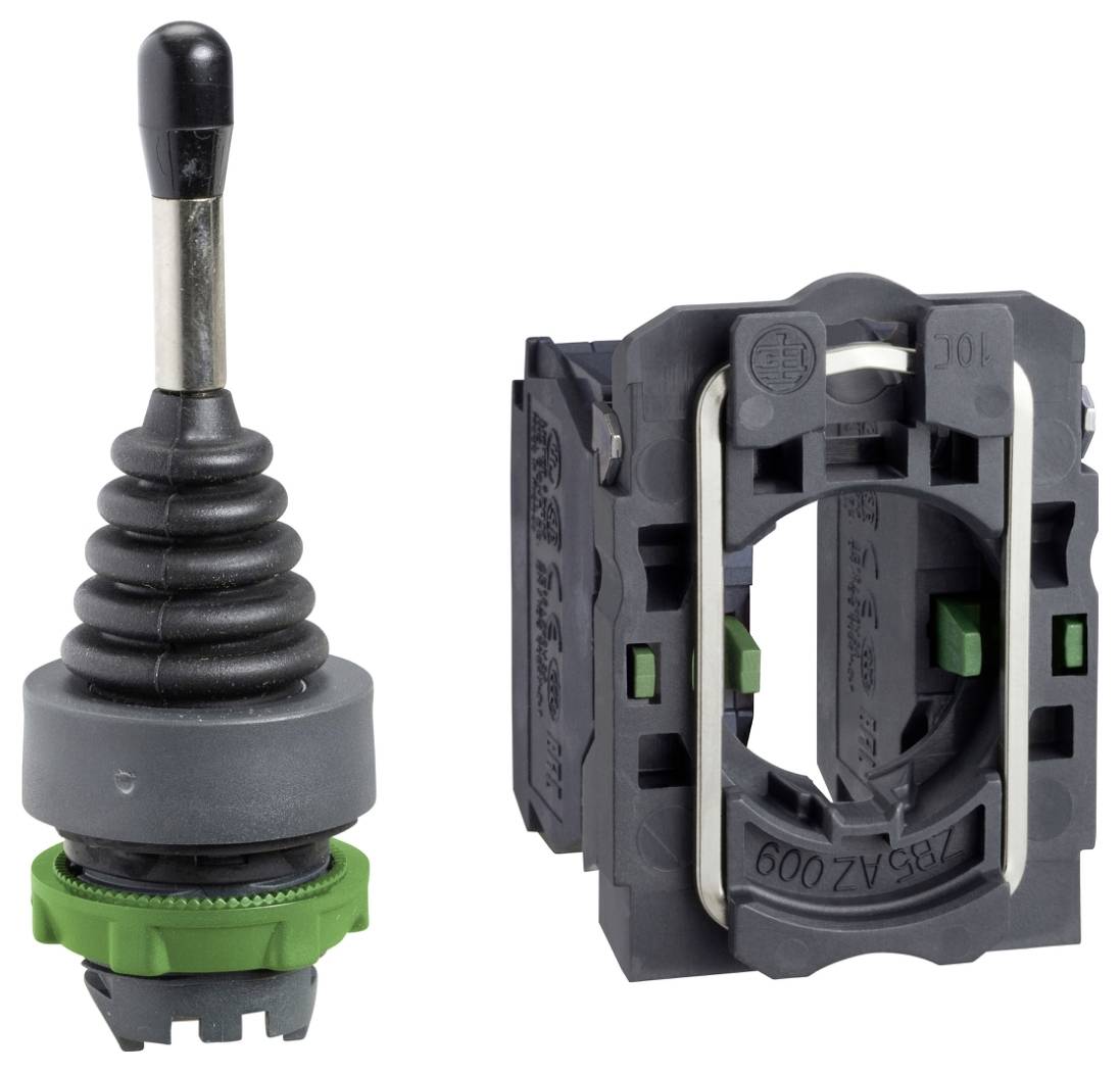 Schwarze industrielle Steuerungsschalter-Komponenten: ein Gummimanschetten-Joystick-Aktuator und eine passende quadratische Montagebasis auf weißem Hintergrund