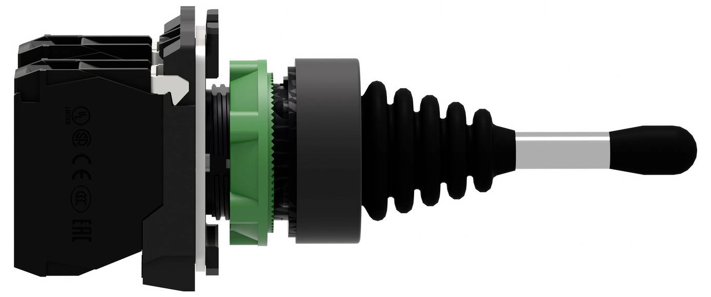 Seitenansicht eines schwarzen industriellen Joysticks oder einer Steuerhebels mit geripptem Gummischutz, grünem Kragen und silbernem Schaft auf weißem Hintergrund.