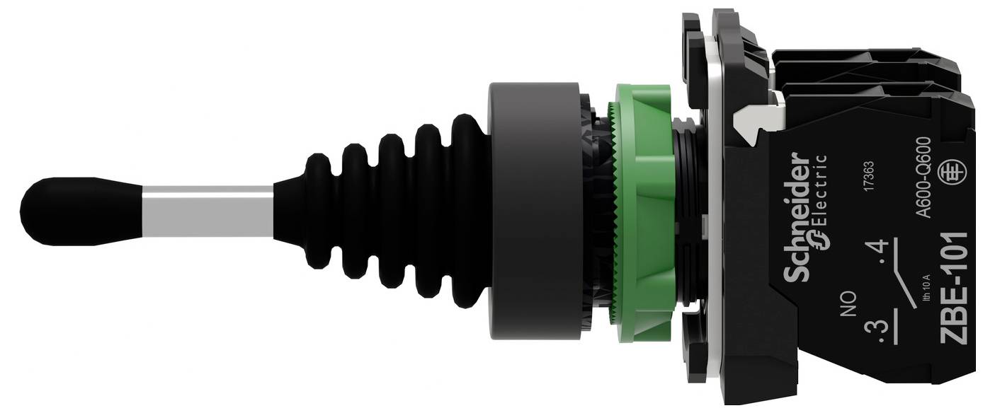 Seitenansicht eines Schneider Electric ZBE-101 Druckschalter-Kontaktblocks mit schwarzem Betätiger, grünem Ring und Montagezubehör.