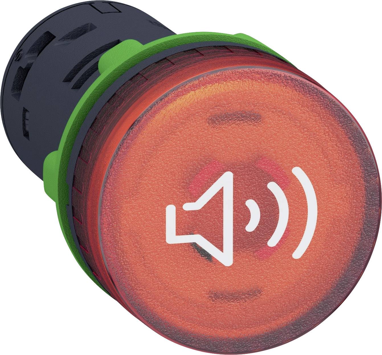 Roter Knopf mit Lautsprechersymbol, zeigt Aktivierung eines Tons oder Alarms an, um Benutzer auf ein wichtiges Ereignis hinzuweisen.