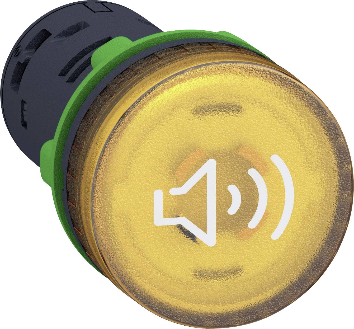 Gelber Knopf mit Lautsprechersymbol, kennzeichnet eine Audio- oder Alarmfunktion.