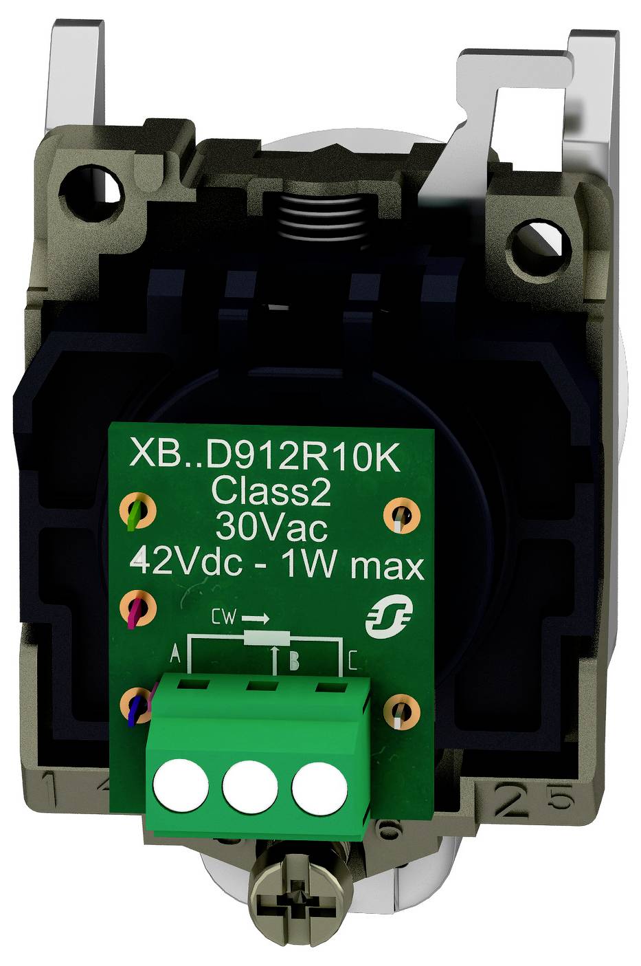Nahaufnahme eines elektronischen Relaismoduls mit einer grünen Klemmleiste, gekennzeichnet mit „XB..D912R10K Klasse 2 30Vac 42Vdc - max. 1W