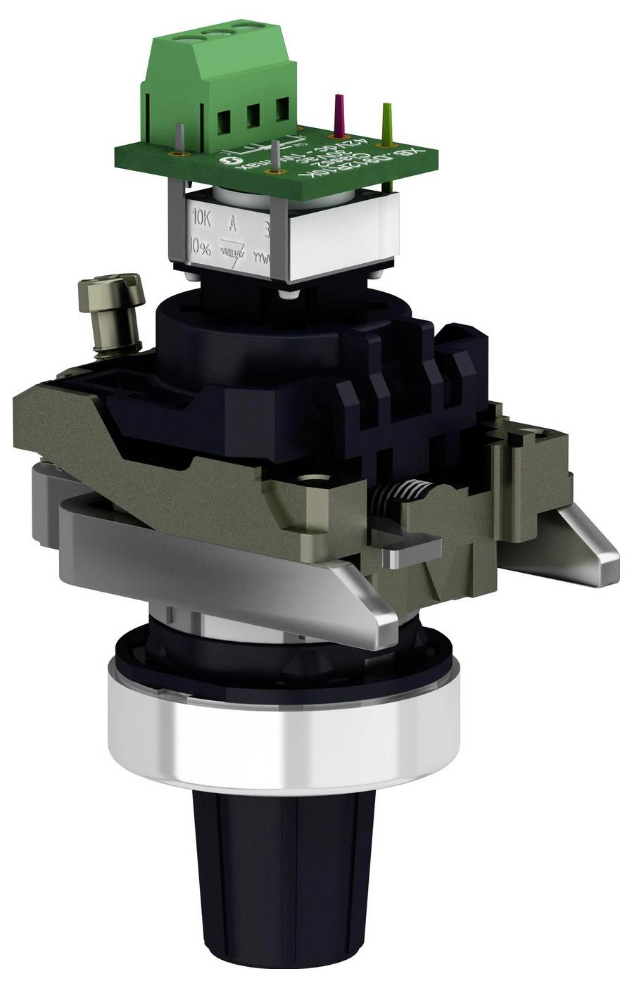3D-Darstellung eines elektronischen Drehschalters oder Encoders mit grüner Leiterplatte oben und metallischem Gehäuse, isoliert auf weißem Hintergrund dargestellt.