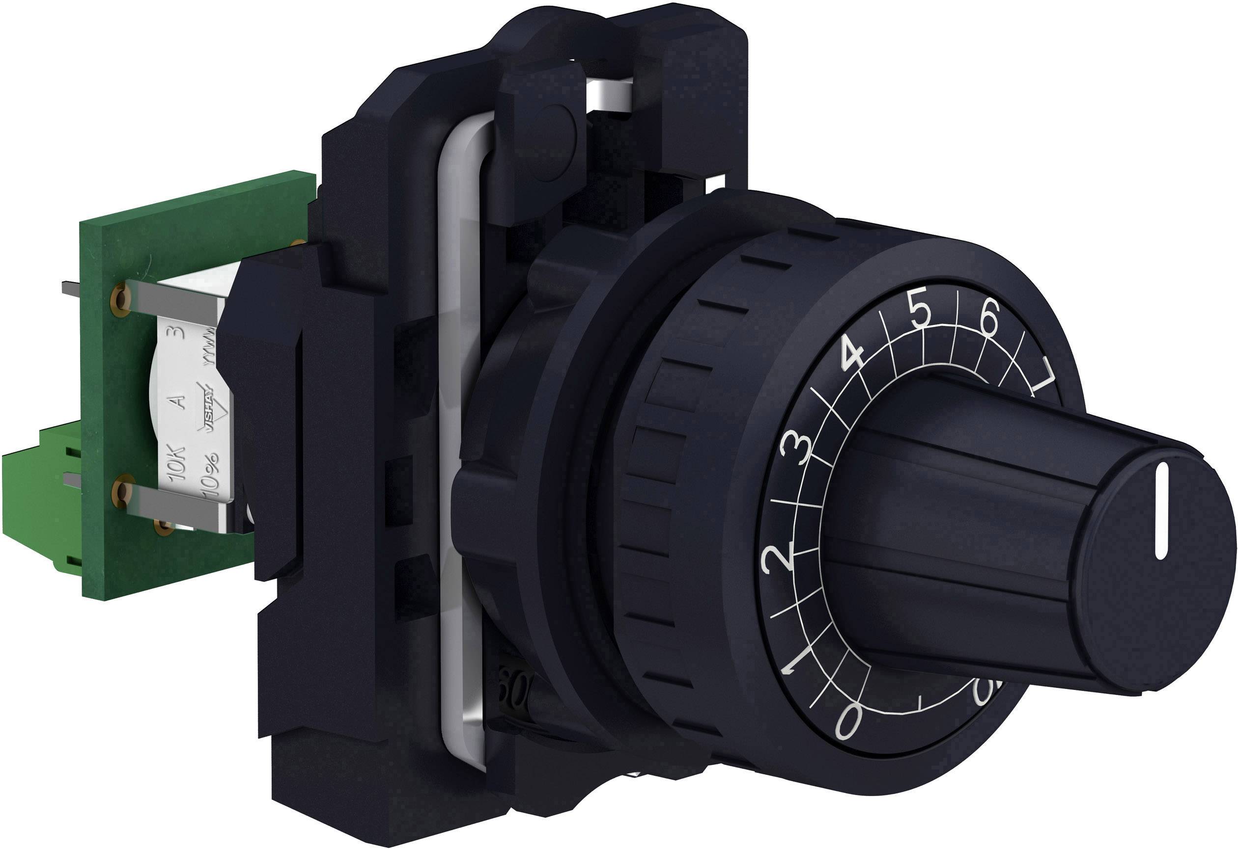 Ein schwarzer Drehknopf mit weißer Skala von 0 bis 10 auf einem elektrischen Schaltermodul.