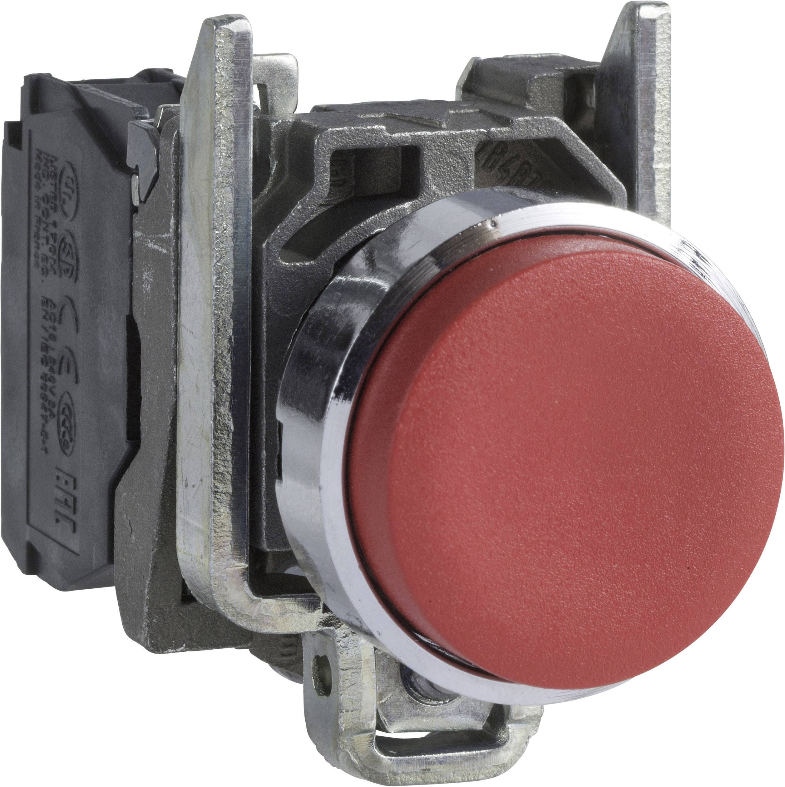 Ein großer roter Druckknopf aus Metall, bereit zur Montage in einem elektronischen Gerät zur Steuerung oder als Sicherheitsschalter.