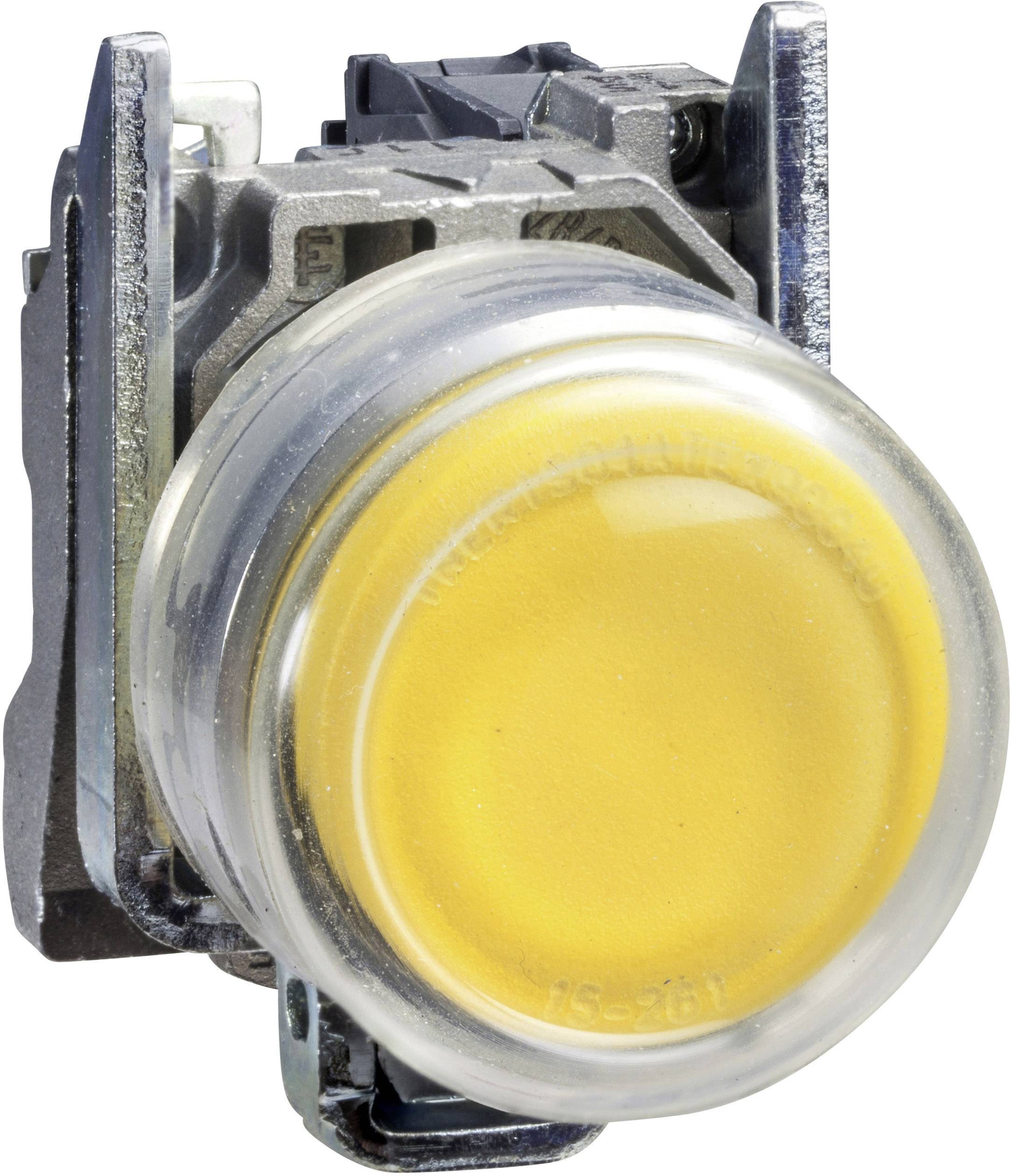 Runder gelber Druckknopf in einem Metallrahmen, seitliche Ansicht. Der Knopf ist für elektrische Steuerungen und hat eine robuste Bauweise.
