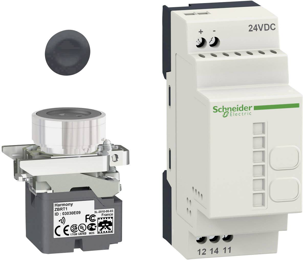 'Schneider Electric Harmony' Industriekomponenten: ein silberner Drucktaster neben einem weißen 24VDC-Modul mit Markenlogo.