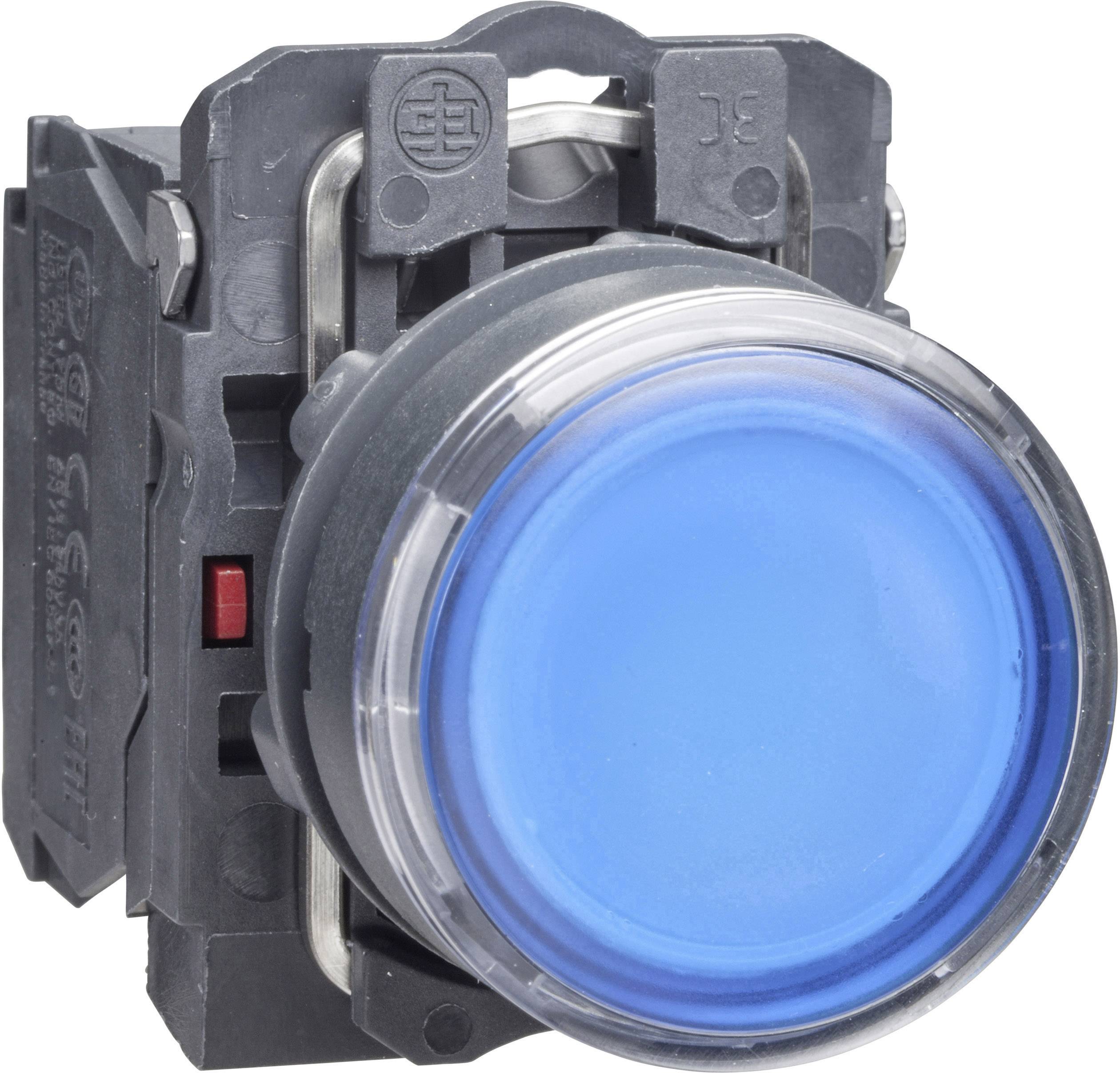 Ein großer, runder blauer Drucktaster in einem schwarzen Gehäuse, häufig verwendet zur Auslösung von Funktionen in elektronischen Geräten.