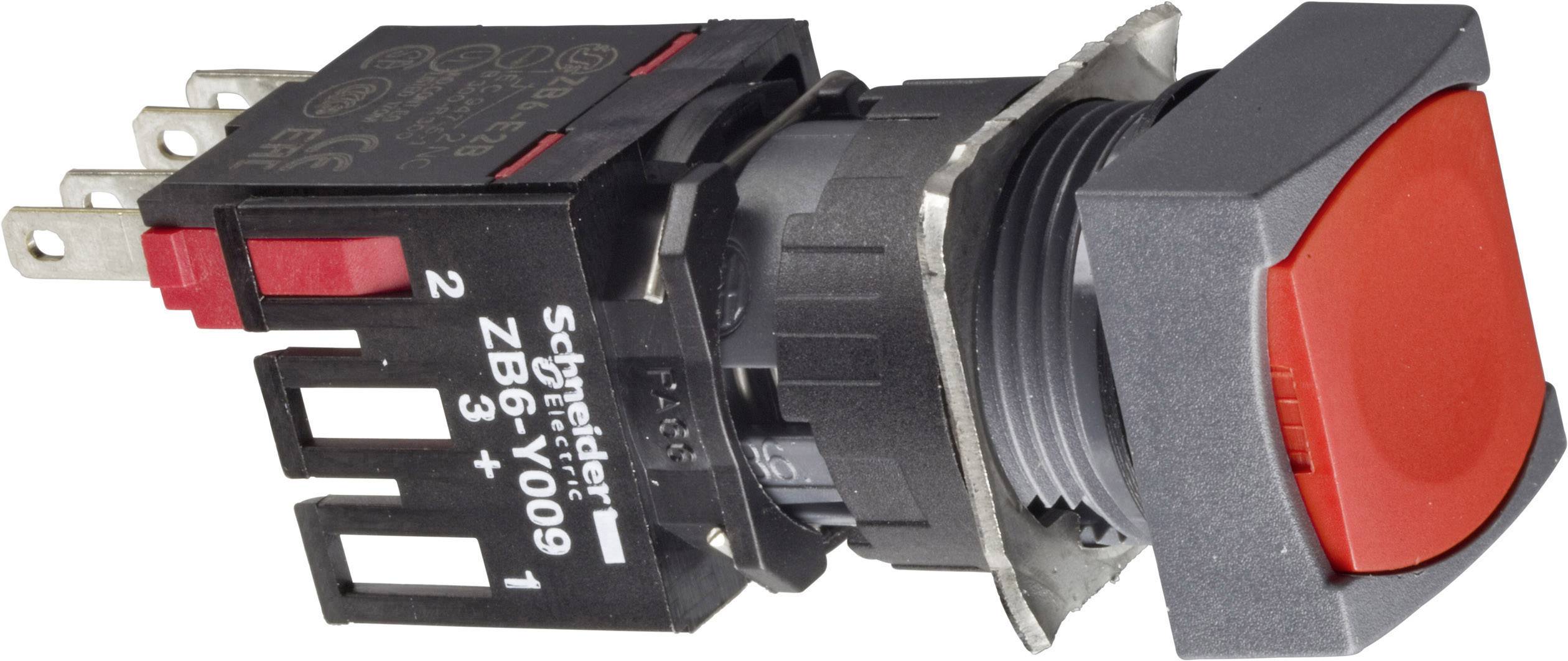 Ein roter Druckknopf mit elektrischen Anschlussklemmen, montierbar an Schaltanlagen; für Steuerungsanwendungen geeignet.