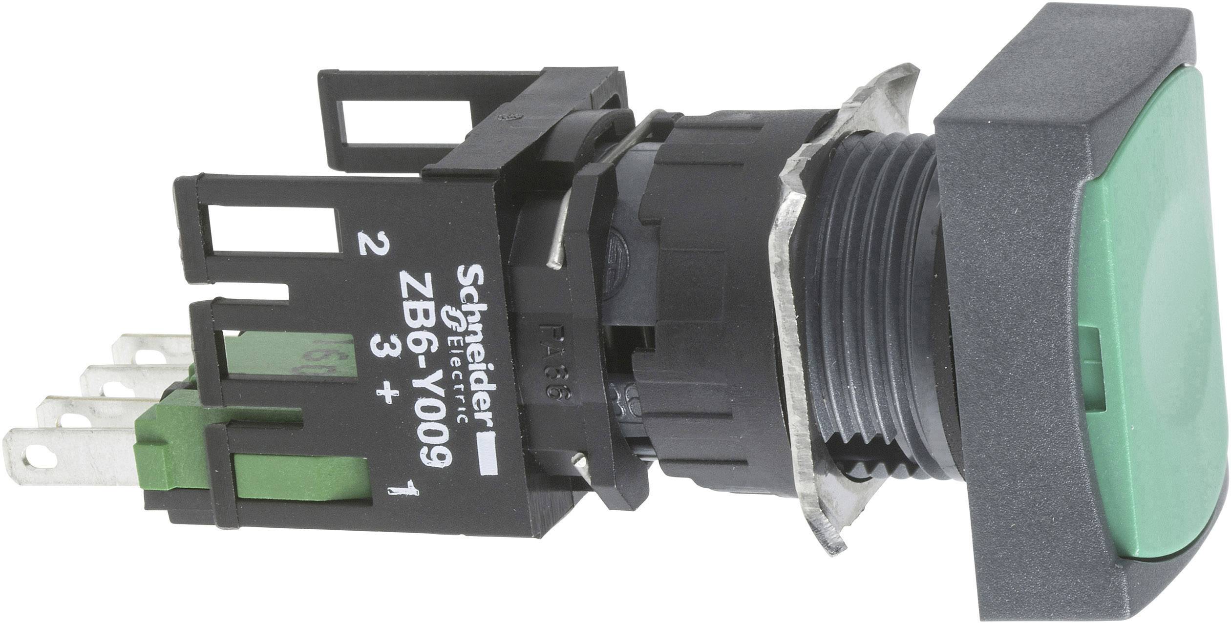 Ein grüner Schalttaster mit Kunststoffgehäuse und Metallgewinde. Seitenansicht zeigt Anschlussklemmen. Hersteller: Schneider Electric, Modell: ZB6-Y009.