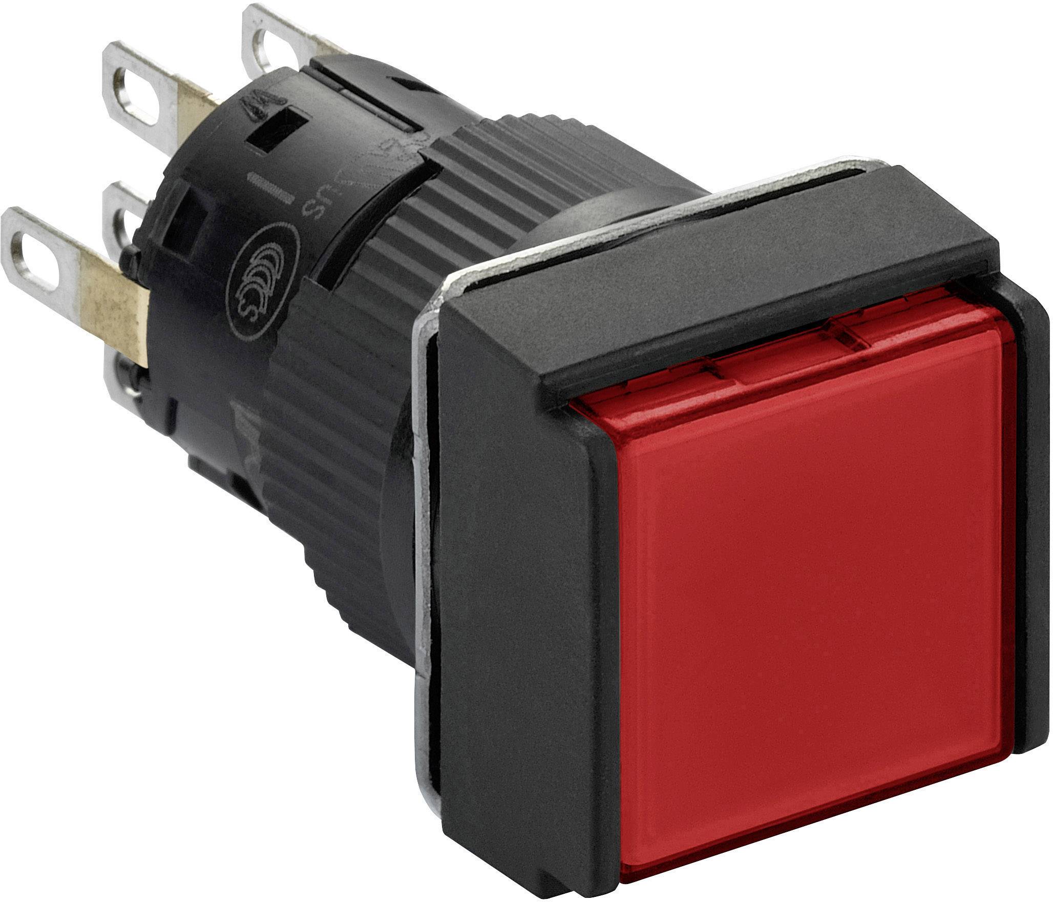 Ein roter quadratischer Druckschalter mit mehreren Anschlussklemmen an der Rückseite, geeignet für elektronische Geräte.