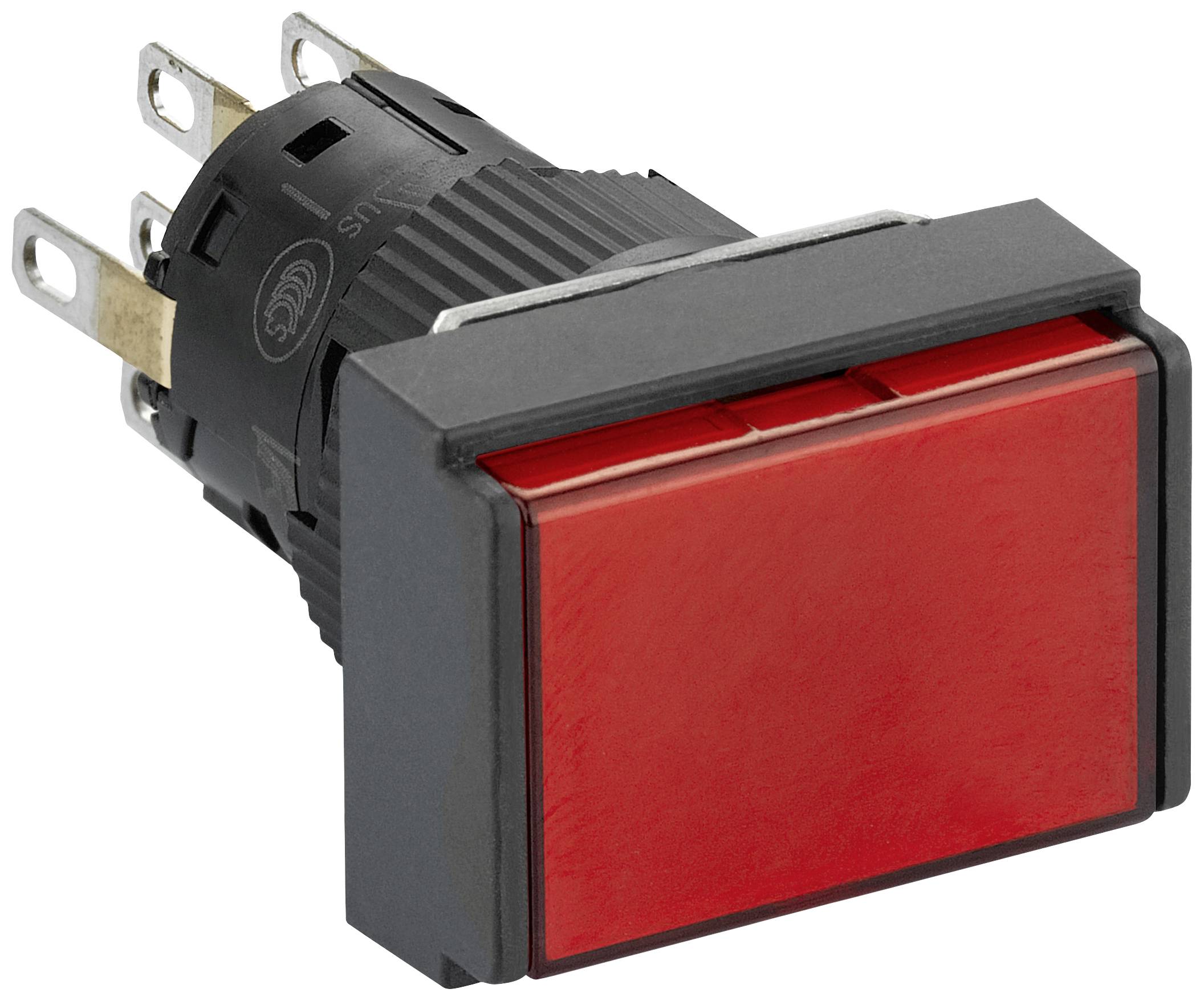 Roter Drucktaster mit rechteckigem Gehäuse und mehreren Metallkontakten auf der Rückseite. Geeignet für elektrische Geräte.