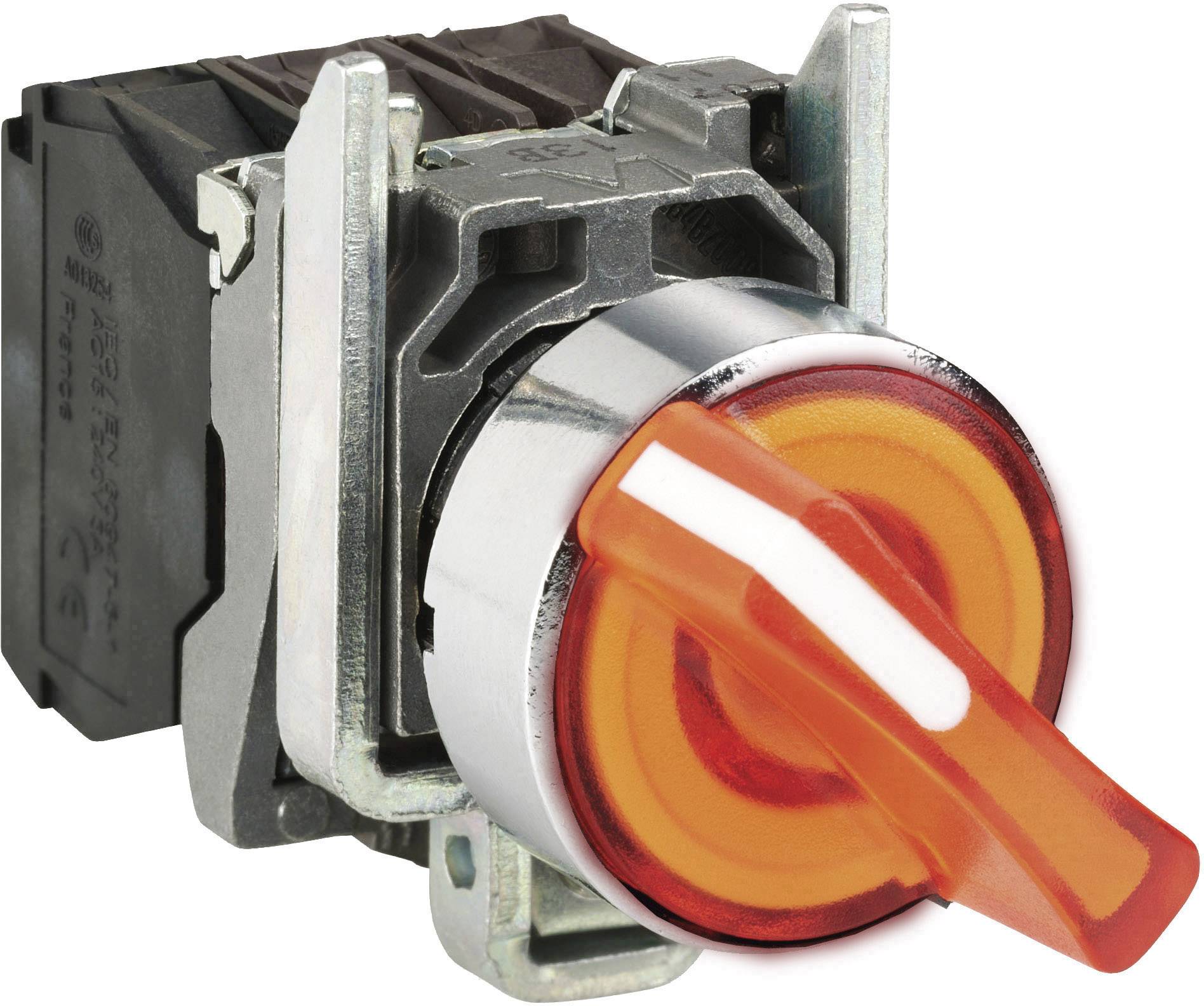 Orangerot leuchtender Drehschalter mit Metallfassung, geeignet zur Steuerung oder Anzeige von elektrischen Geräten.