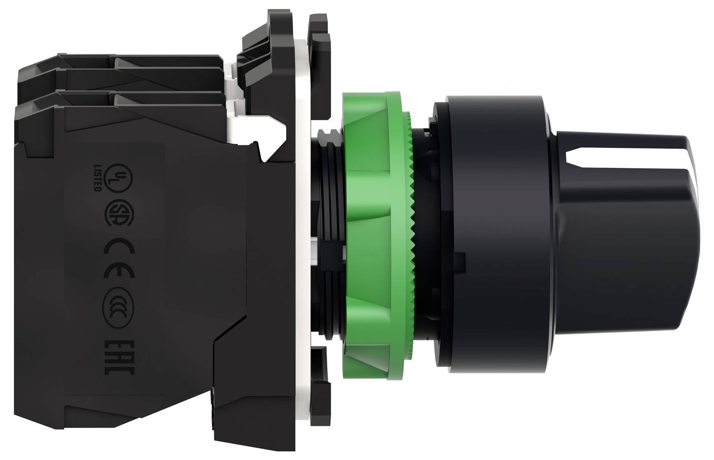 Seitenansicht eines schwarzen industriellen Druckschalters mit grünem Befestigungsring und zylindrischem Betätiger.