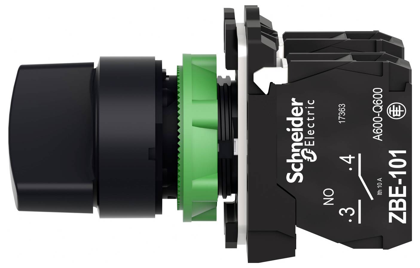 Seitenansicht eines Druckschalter-Moduls von Schneider Electric mit der Bezeichnung 'ZBE-101' und 'A600-Q600', mit schwarzem Betätigungselement und grünem Haltering.