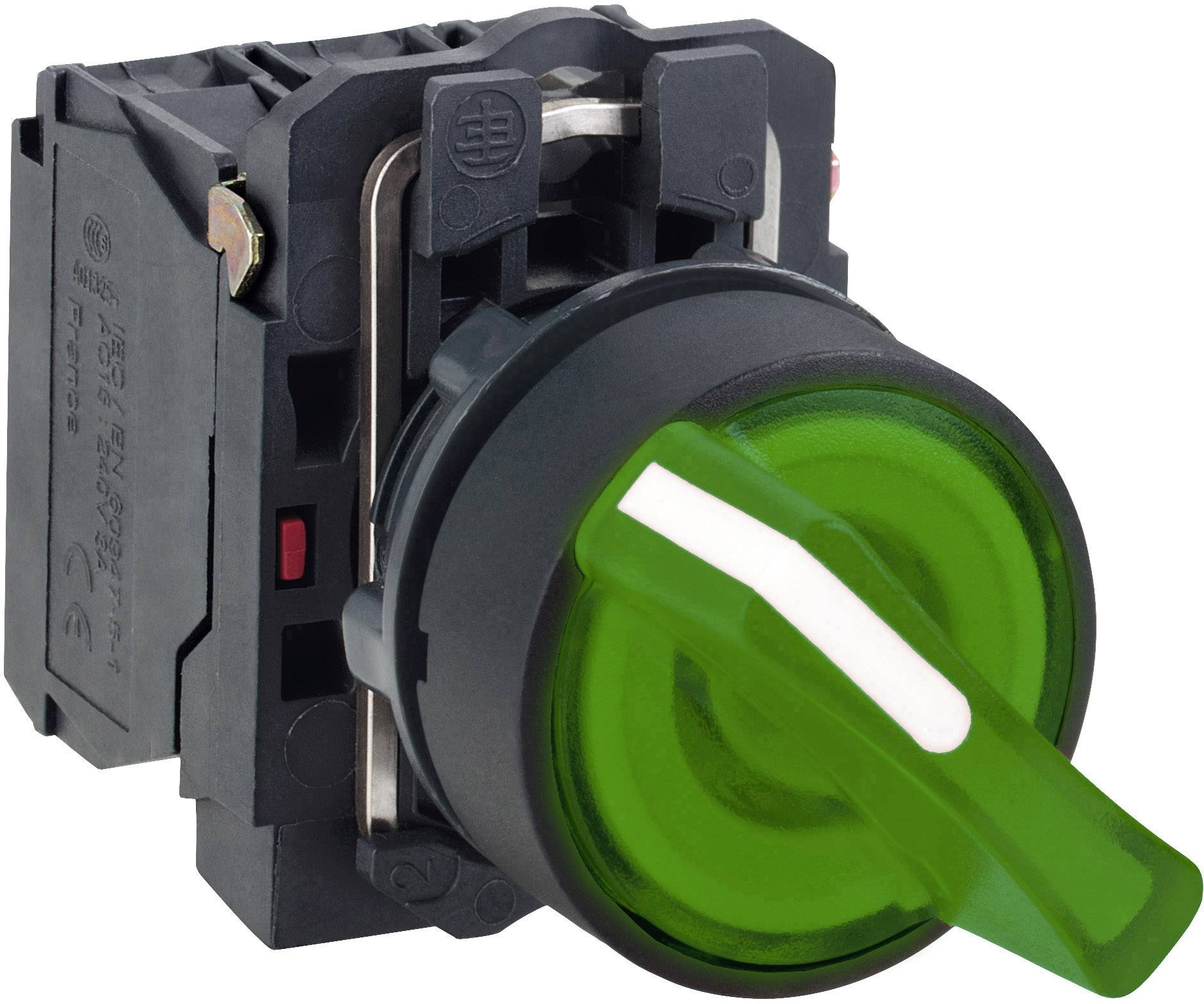 Ein grüner Drehschalter mit schwarzer Basis, geeignet für elektrische Steuerungen, zeigt die Position an oder steuert ein Gerät.