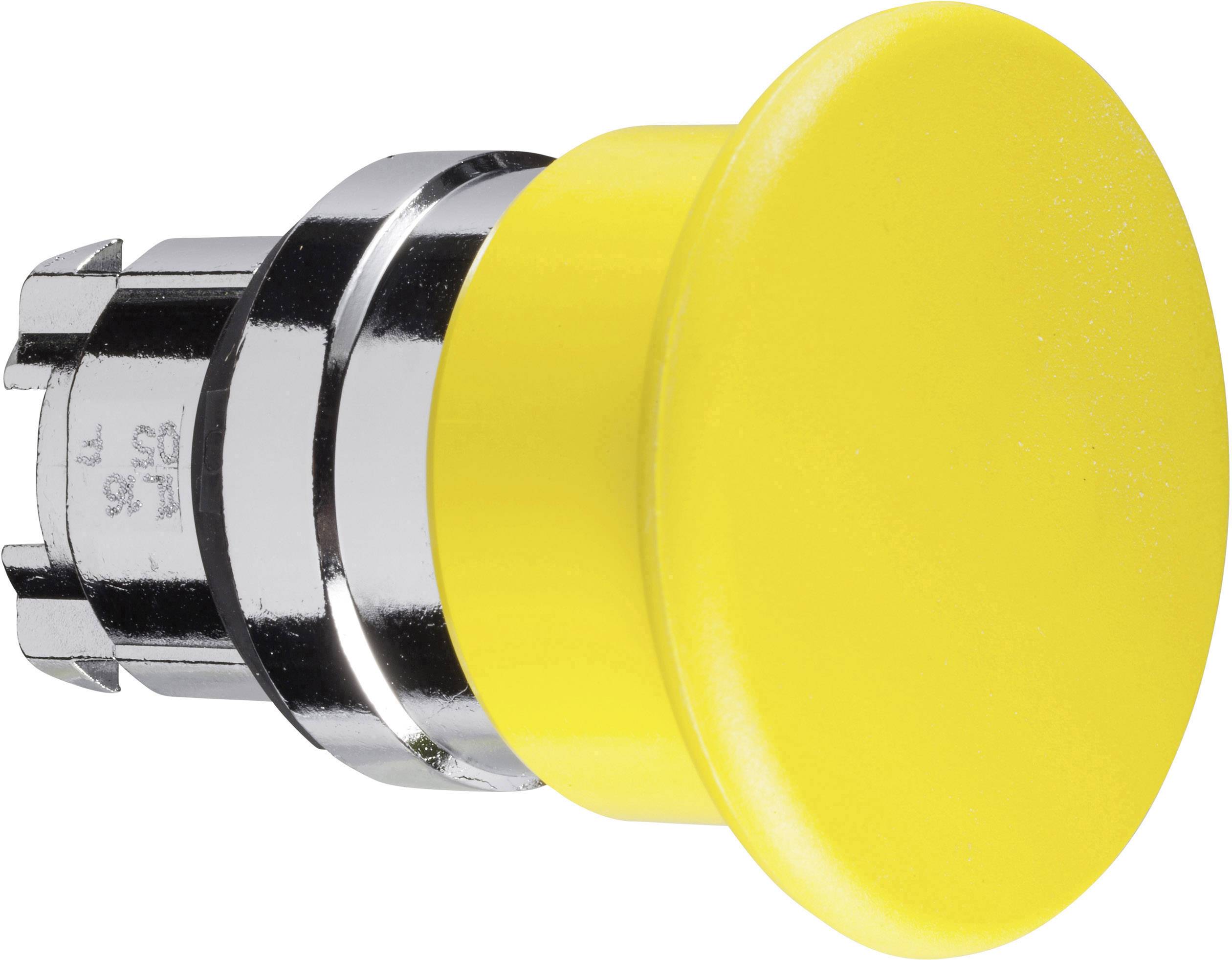 Gelber Not-Aus-Knopf mit silbernem Gehäuse; dient dazu, Maschinen im Notfall schnell zu stoppen.