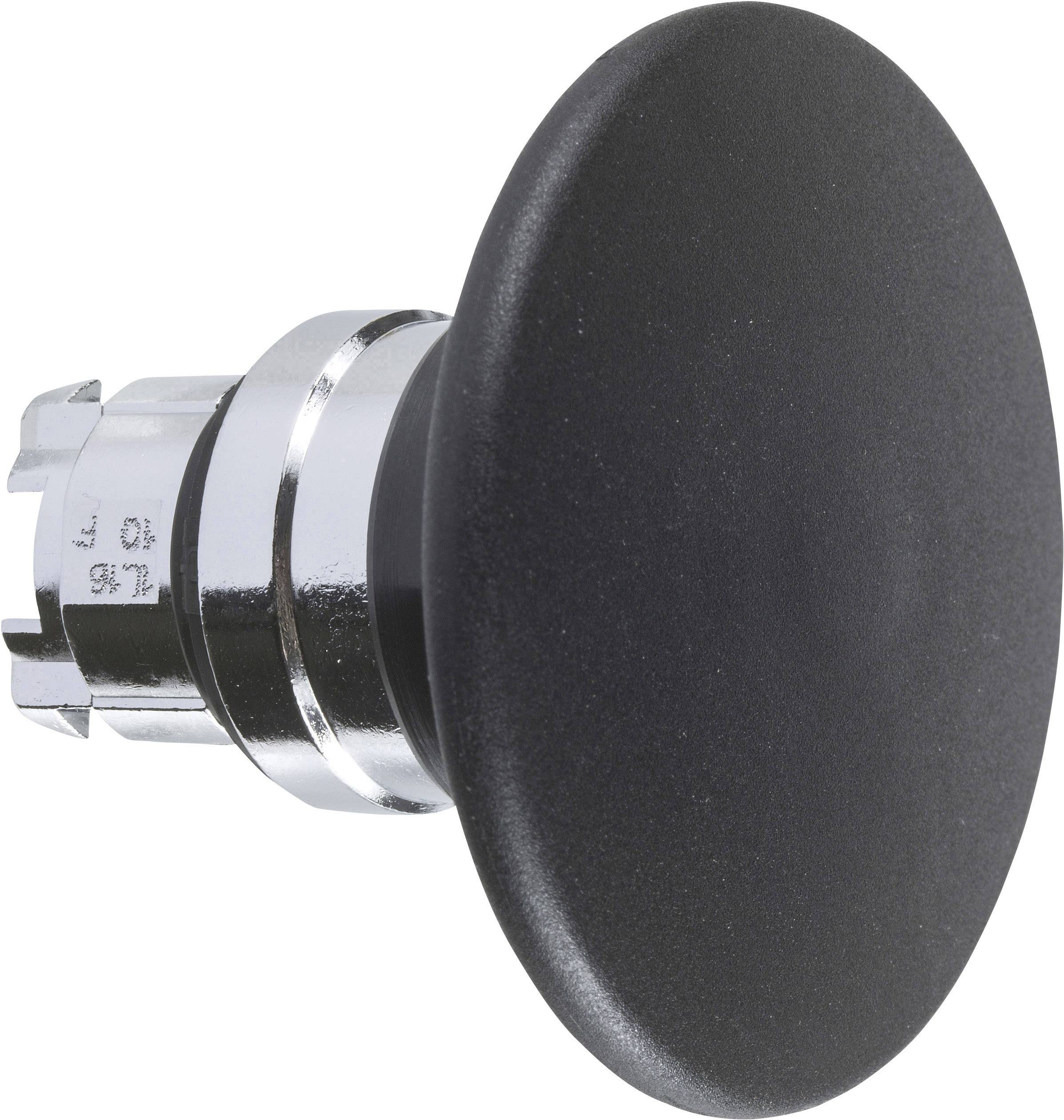 Schwarzer, runder Knauf vor weißem Hintergrund; Metallbasis; Ersatzteil für technische Geräte.