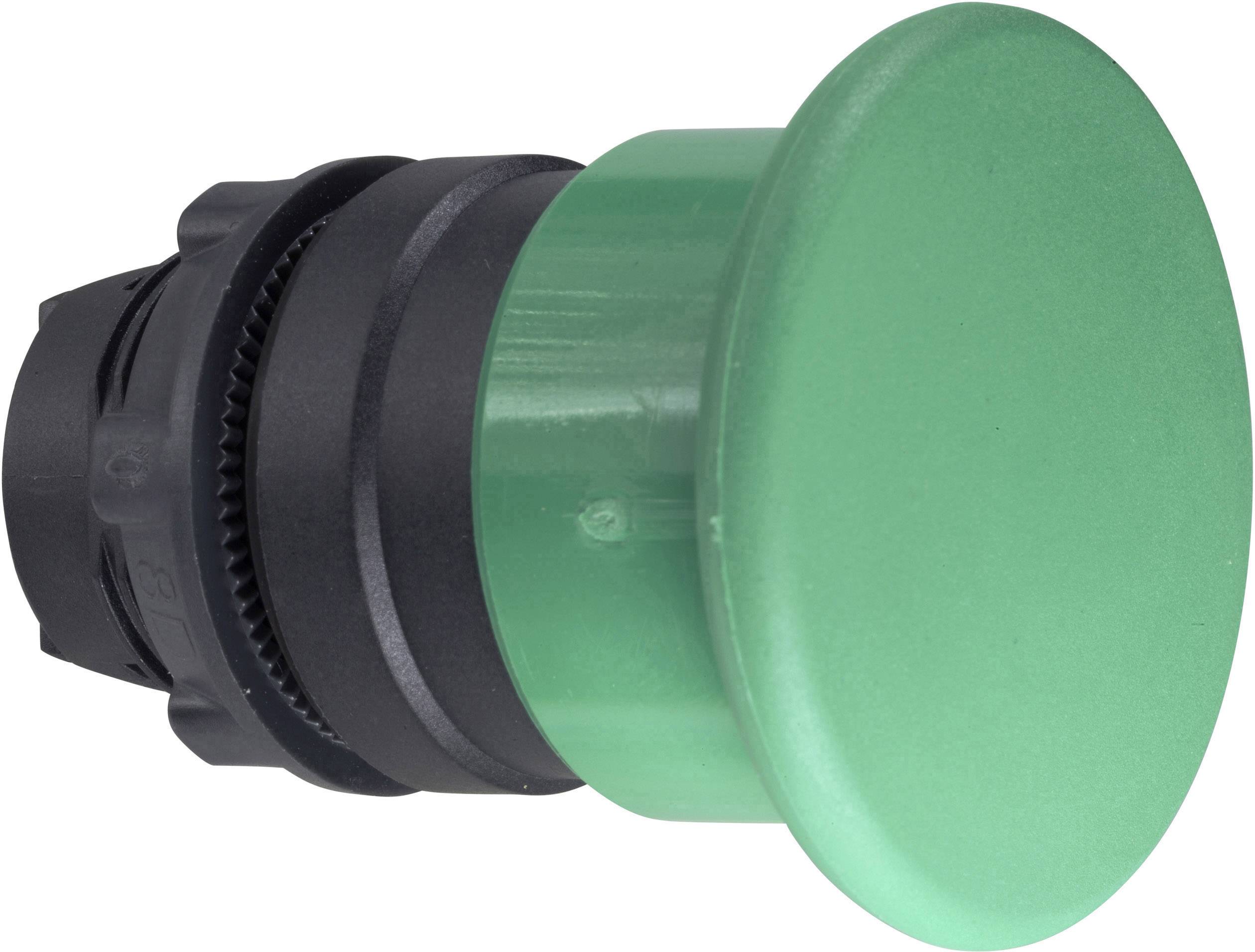 Grüner Druckknopf mit schwarzem Sockel. Wird oft als Schalter für Maschinen oder Geräte verwendet.