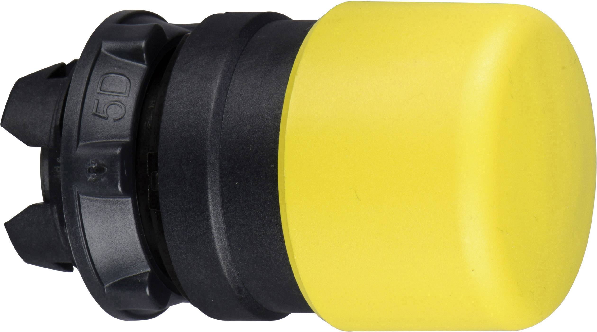 Ein gelber Druckknopf mit schwarzem Sockel. Links seitlich mit der Aufschrift '5D' markiert. Möglicherweise ein Teil eines Steuerpanels.