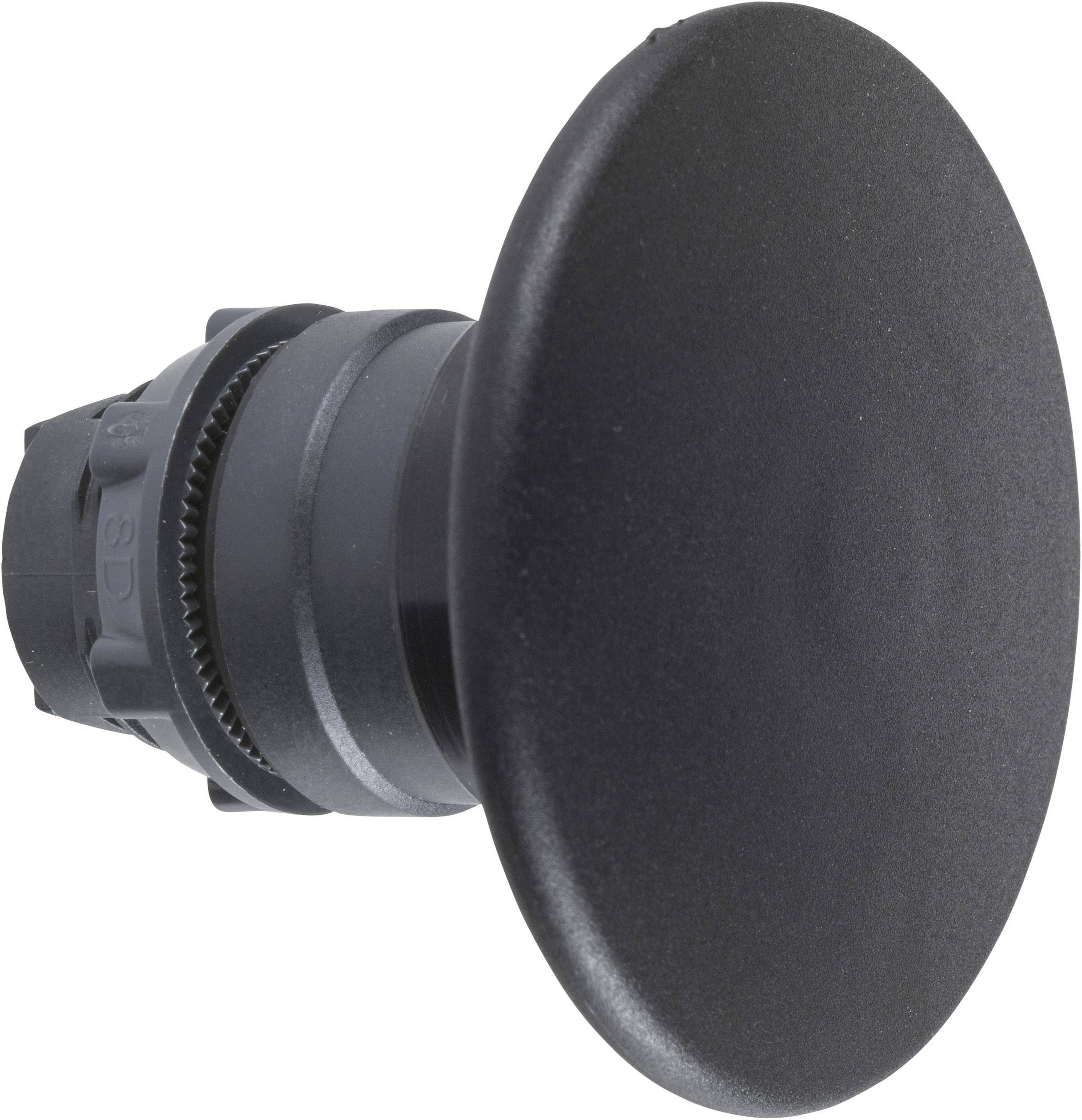 Schwarzer runder Knopf oder Schalter, seitliche Ansicht, zeigt Gehäuse und Befestigungsmechanismus.