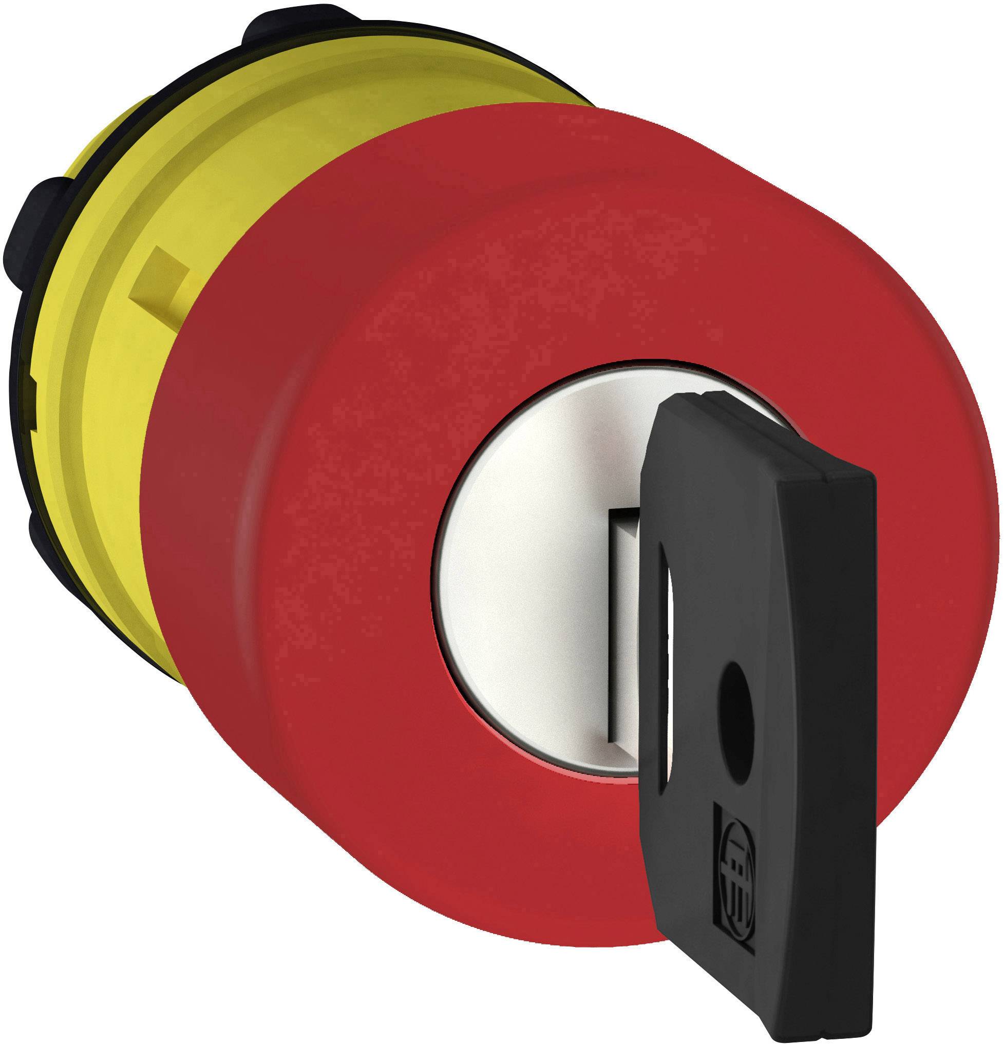 Roter Not-Aus-Schalter mit gelbem Gehäuse und schwarzem Schlüssel. Schalter zur Sicherheit und Notabschaltung in Maschinen verwendet.