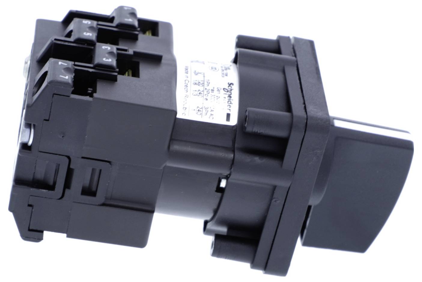 Schwarze industrielle Elektroschalterkomponente mit Anschlussklemmen und einem weißen Etikett, dargestellt auf weißem Hintergrund.
