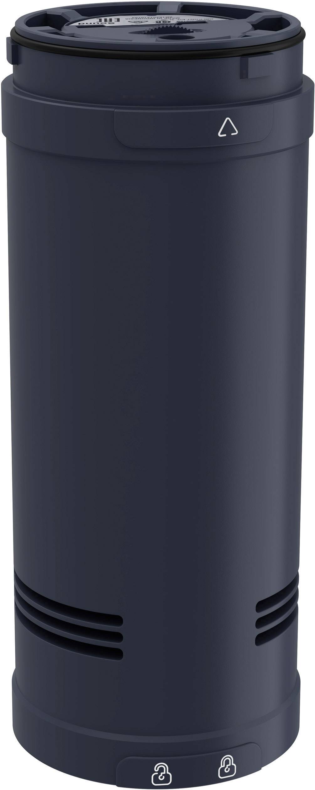 Schwarze zylindrische Behälter mit Symbolen für Recycling und allgemeine Warnhinweise.