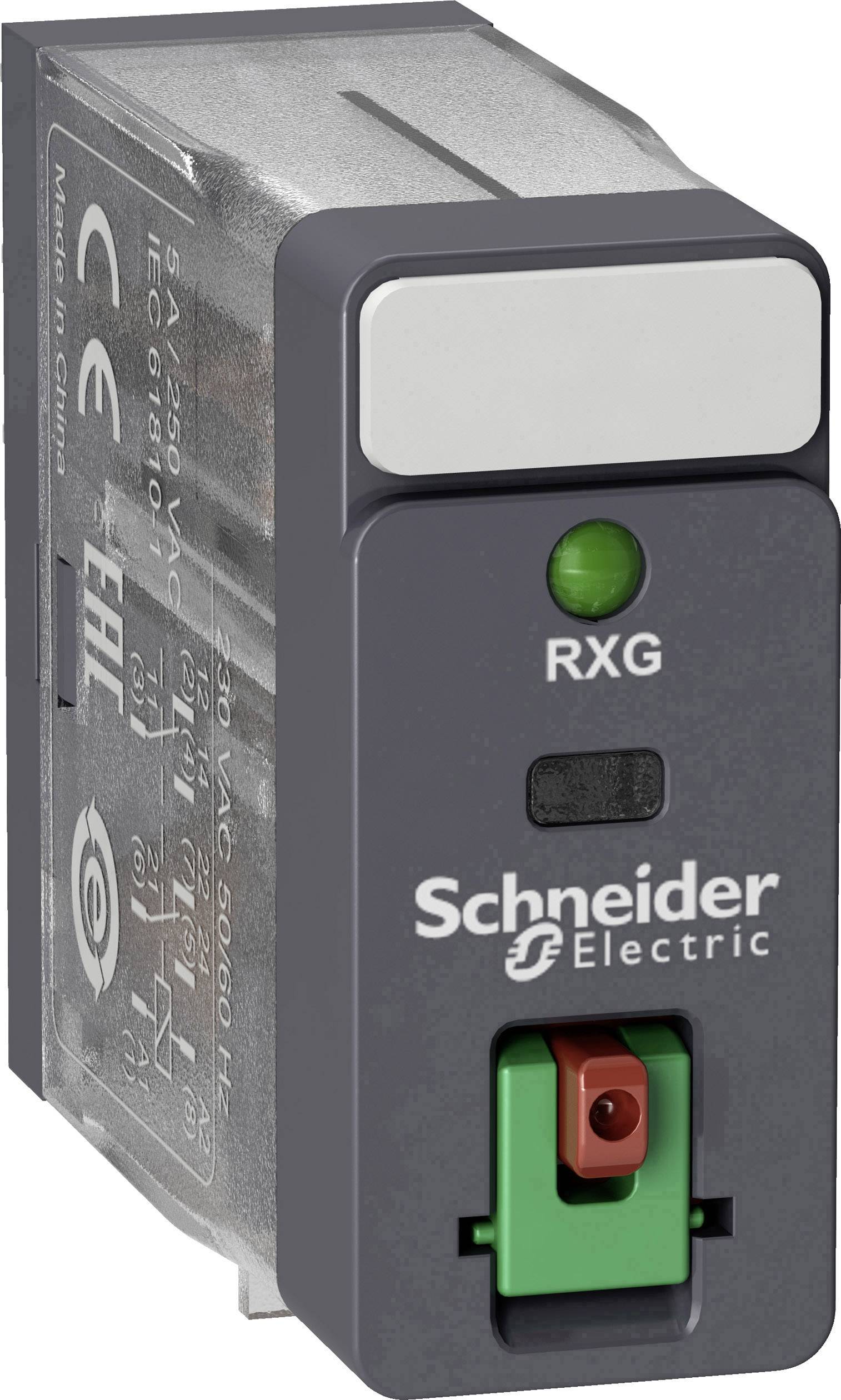 Ein elektrisches Relaismodul von Schneider Electric, Modell RXG. Es zeigt Markierungen für Spannung und Sicherheitszertifizierungen.