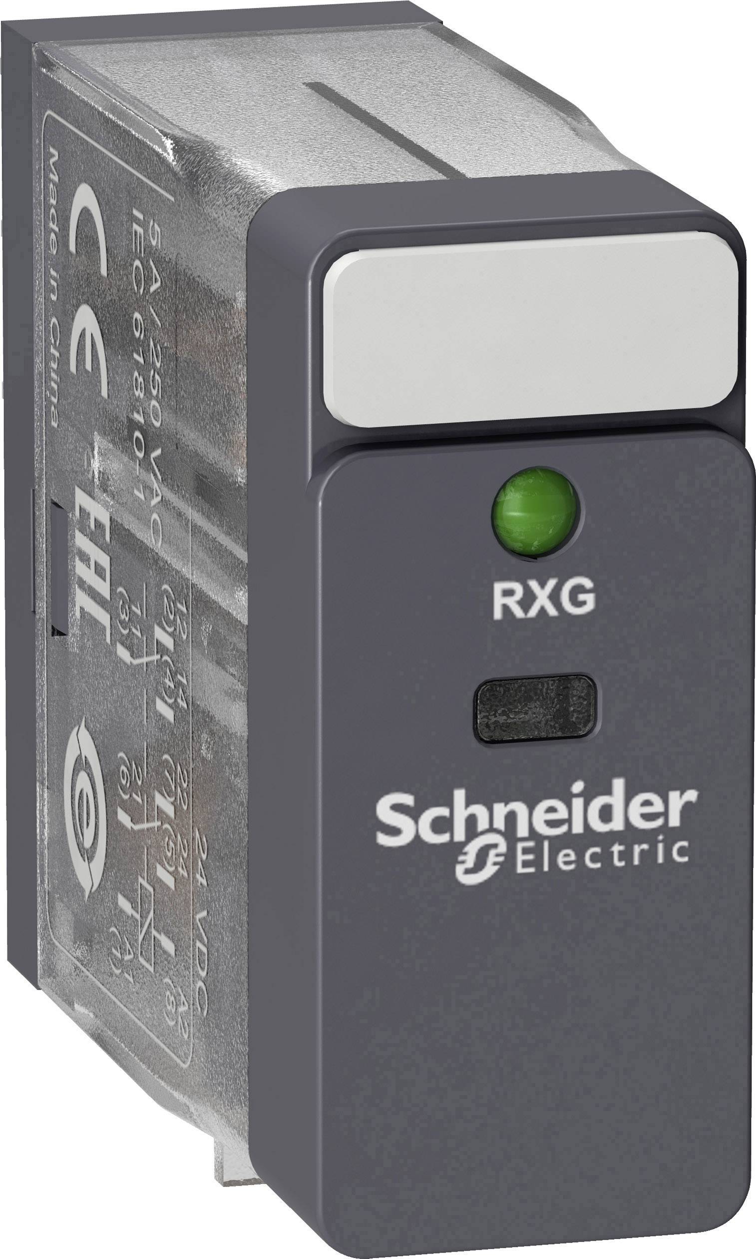 Schwarzes Schneider Electric Relais mit grünem Indikator, markiert mit 'RXG'. CE- und EAC-Symbole zeigen Konformität an.