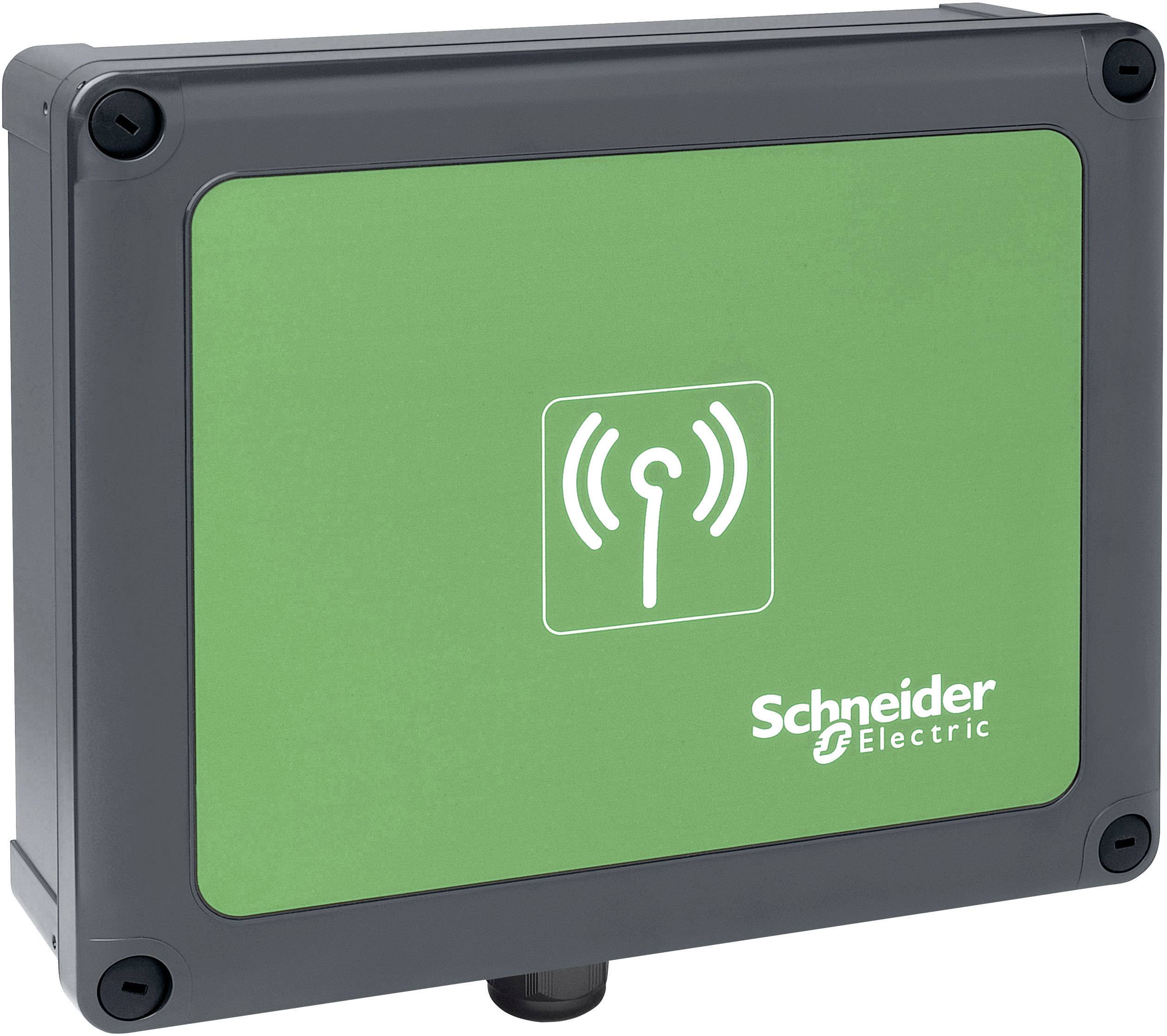 Ein dunkelgraues Gerät mit einem grünen Gehäuse zeigt das Logo von Schneider Electric und ein Symbol für drahtlose Konnektivität.
