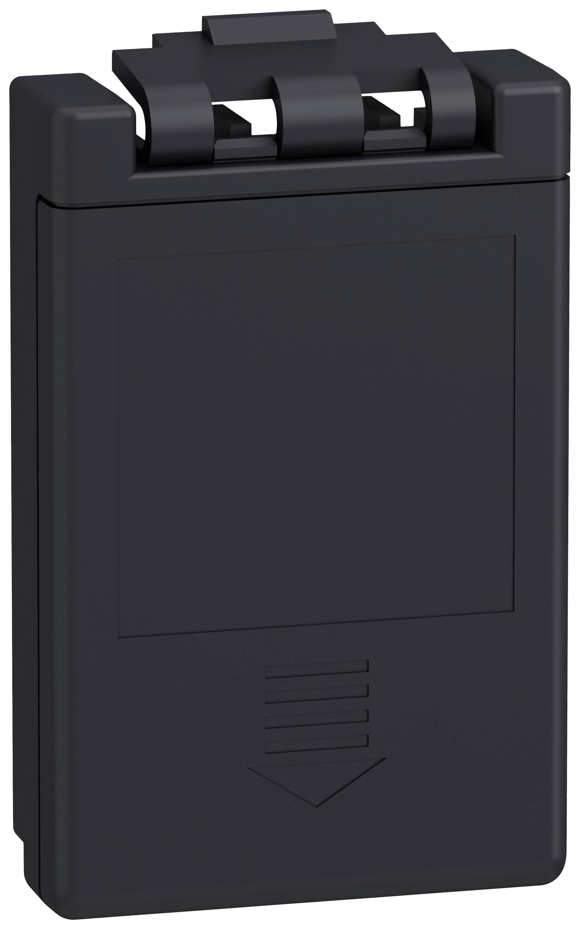 Schwarzer, rechteckiger Akku mit einer Clip-Vorrichtung oben und Pfeilsymbol auf der Vorderseite, vermutlich für Geräteanschluss.