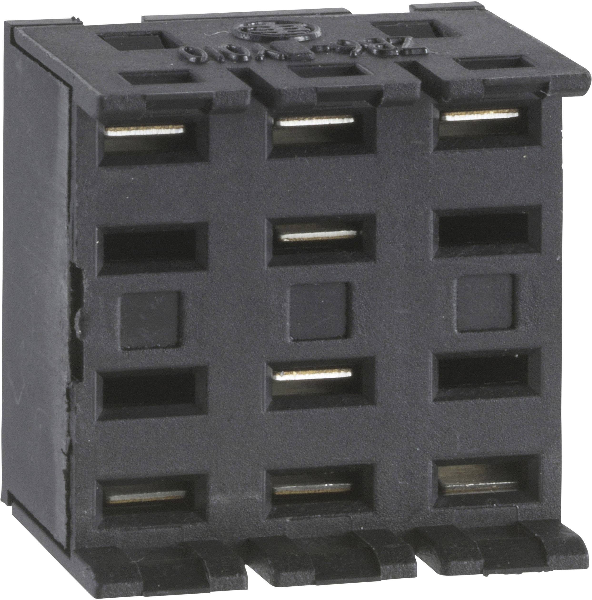 Schwarze elektrische Steckverbindung mit mehreren rechteckigen Öffnungen und Metallkontakten.