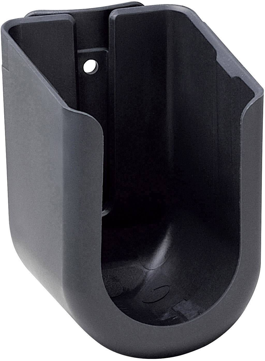 Schwarzer Kunststoffhalter mit Wandmontageoption, geeignet als Halterung oder Ablage für Gegenstände.