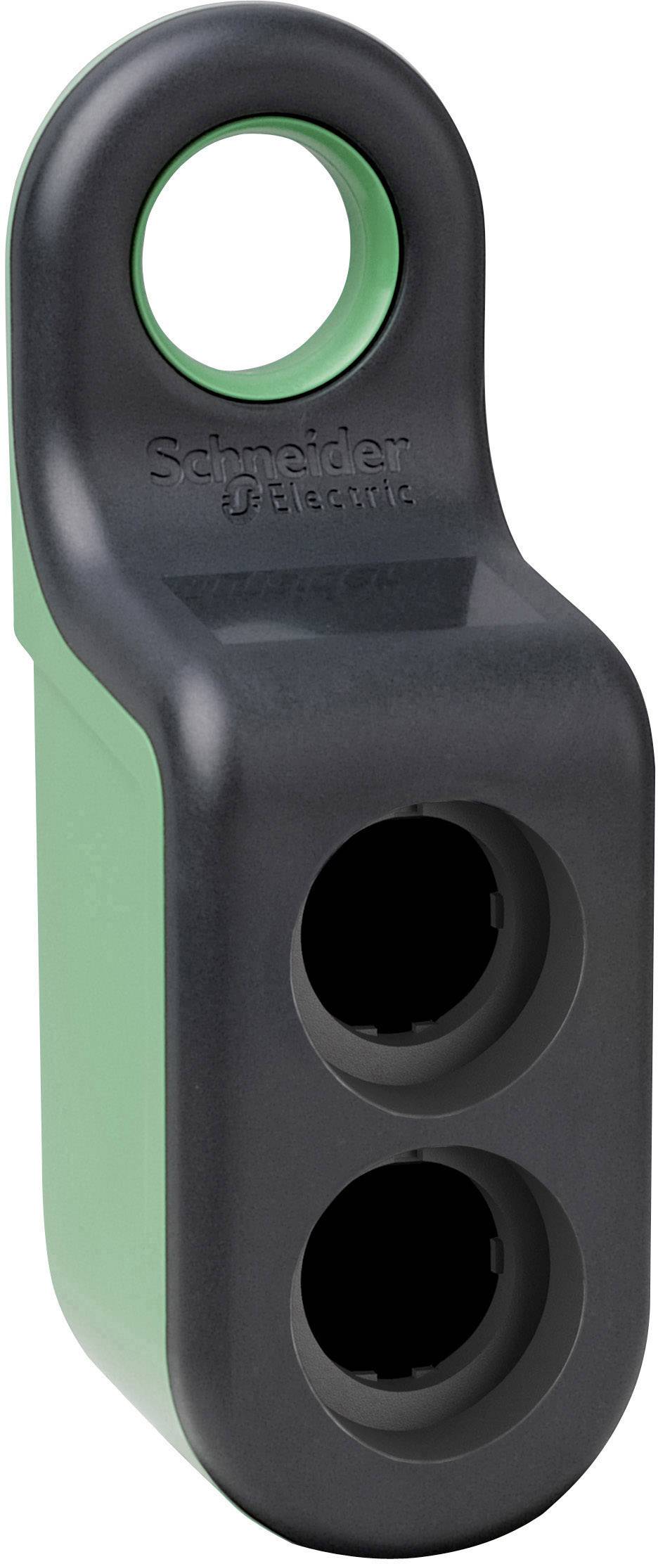 Die Abbildung zeigt eine schwarze und grüne Kunststoffhalterung von Schneider Electric mit zwei runden Aussparungen und einem großen Befestigungsloch oben.