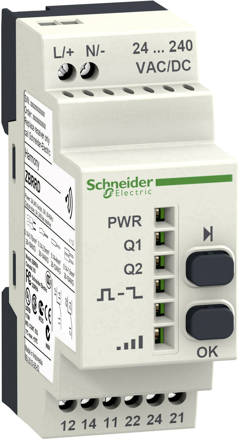Elektrisches Schaltnetzteil von Schneider Electric, Modell ZBRRD, zur Hutschienenmontage, mit mehreren Anschlüssen und Tasten.
