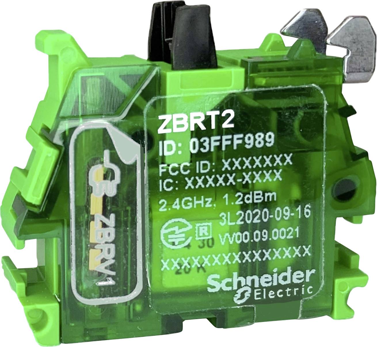 Grünes elektronisches Modul mit Aufschrift 'ZBRT2', Modelle- und ID-Nummern. Marke: Schneider Electric.