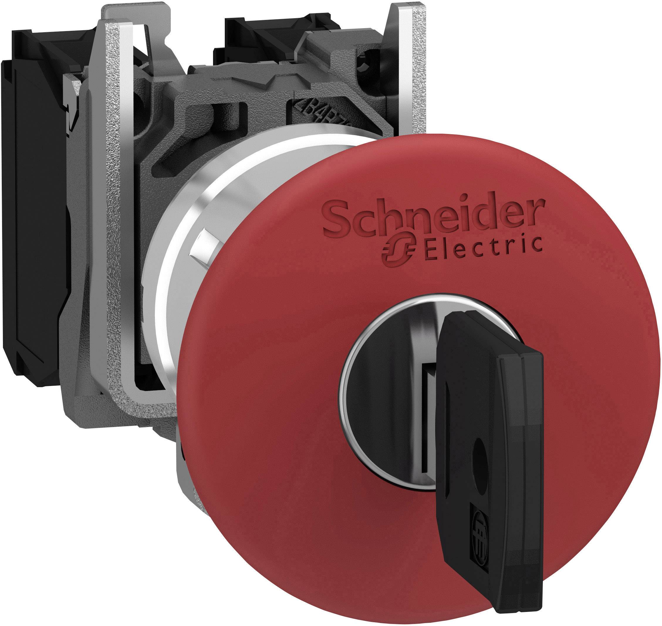 Roter Drehschalter von Schneider Electric mit rechteckigem, schwarzem Griff, eingesetzt in einem grauen Metallrahmen.